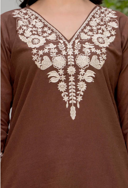 Brown Embroidered Cotton Kurta with dupatta set
