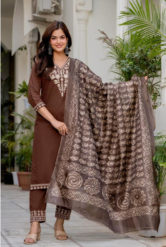 Brown Embroidered Cotton Kurta with dupatta set