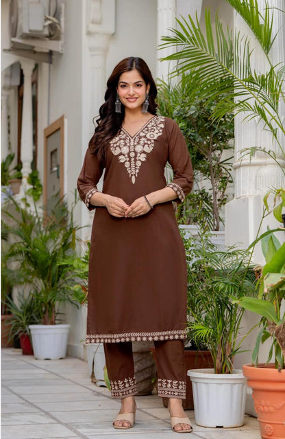 Brown Embroidered Cotton Kurta with dupatta set