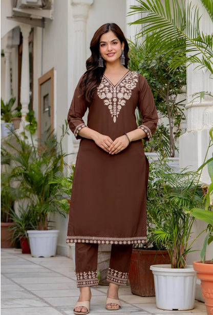 Brown Embroidered Cotton Kurta with dupatta set