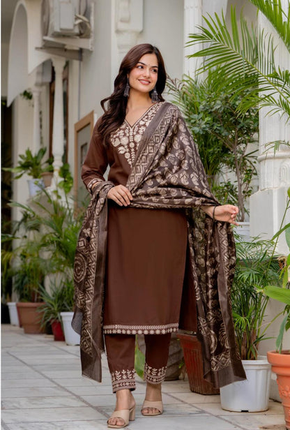 Brown Embroidered Cotton Kurta with dupatta set