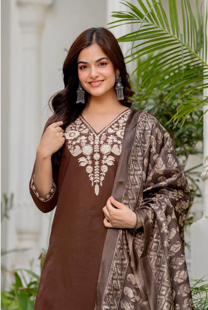 Brown Embroidered Cotton Kurta with dupatta set
