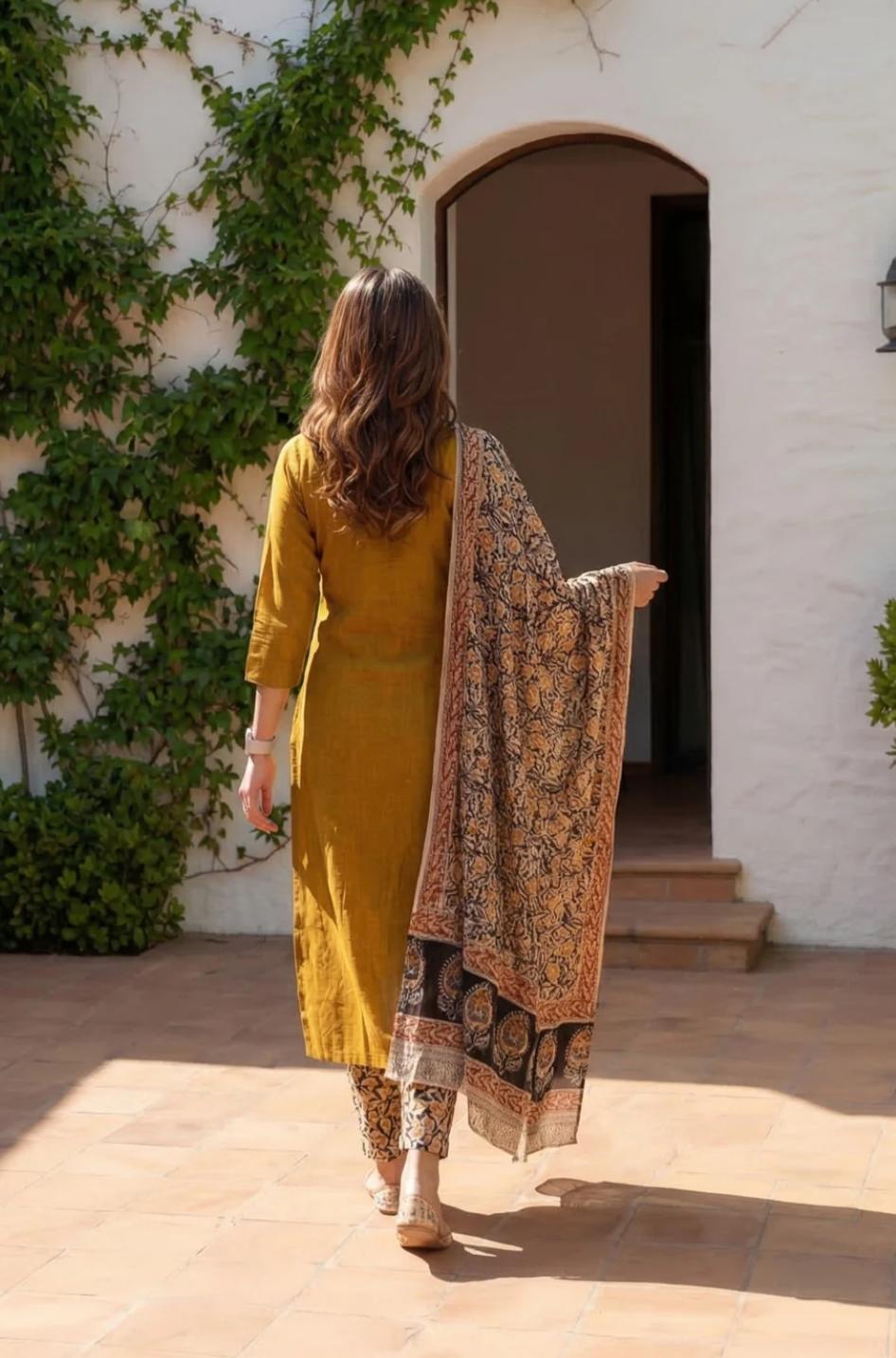 Women's Mustard Embroidered Cotton Kurta with Dupatta set
