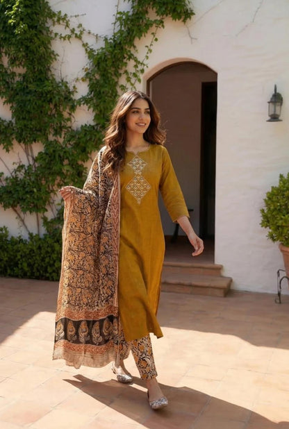 Women's Mustard Embroidered Cotton Kurta with Dupatta set