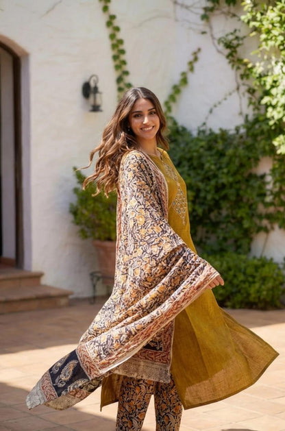 Women's Mustard Embroidered Cotton Kurta with Dupatta set