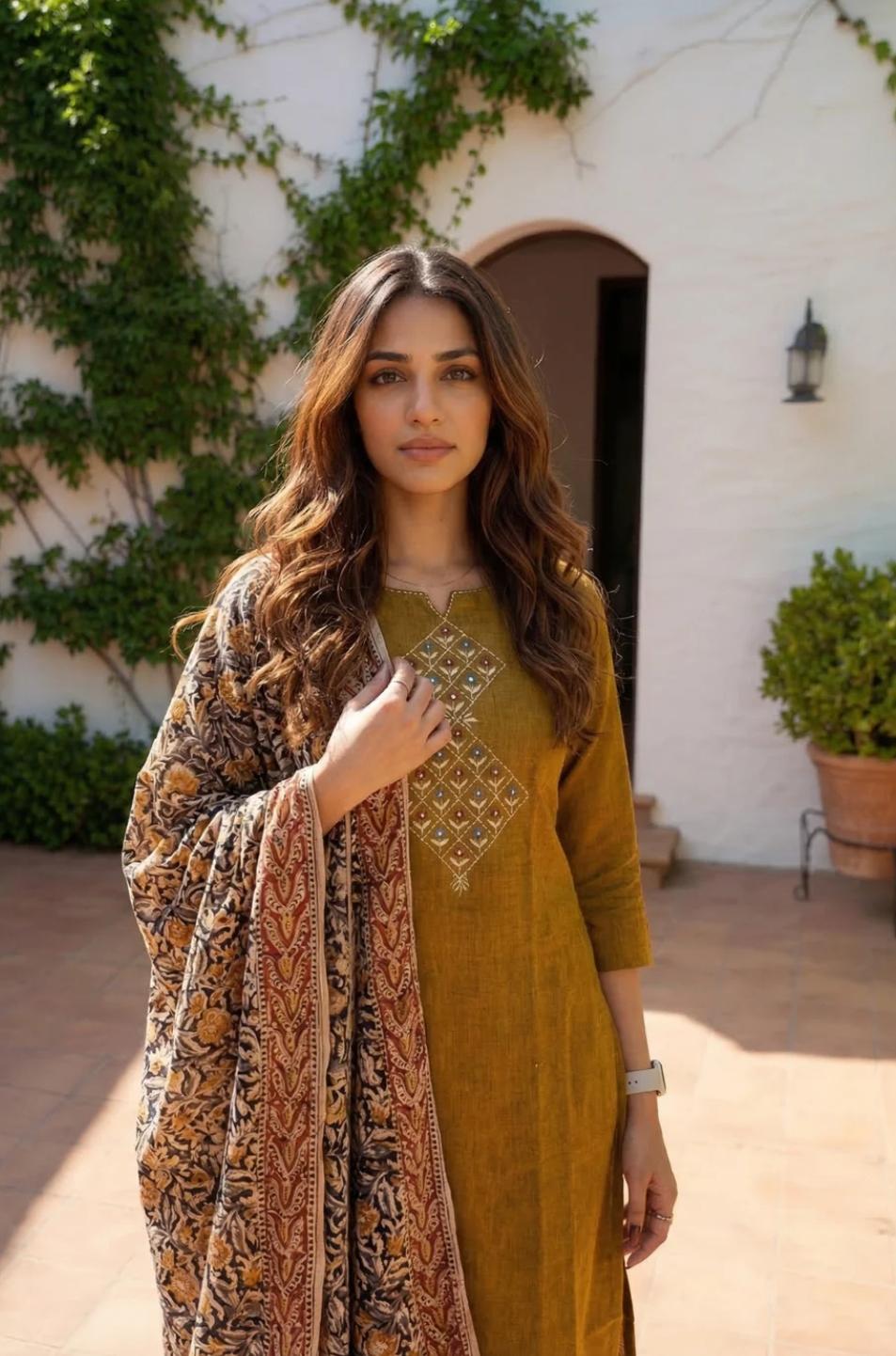 Women's Mustard Embroidered Cotton Kurta with Dupatta set