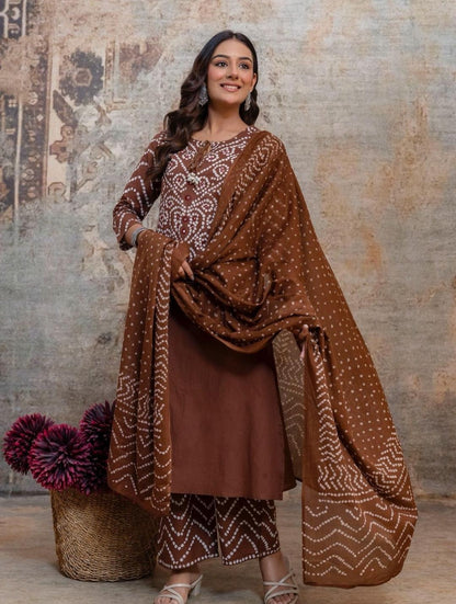 Women's Brown Bandhani printed kurta set