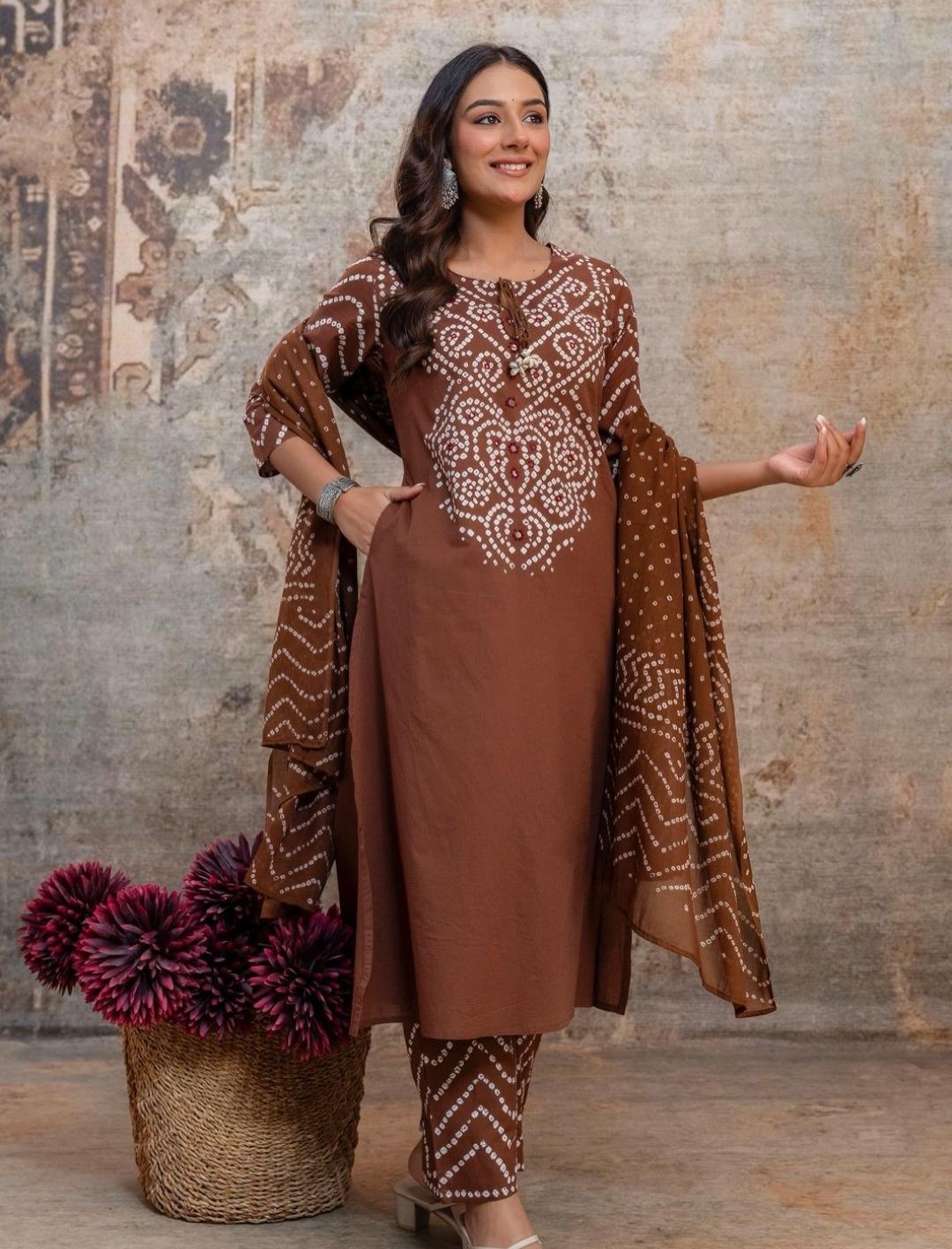 Women's Brown Bandhani printed kurta set