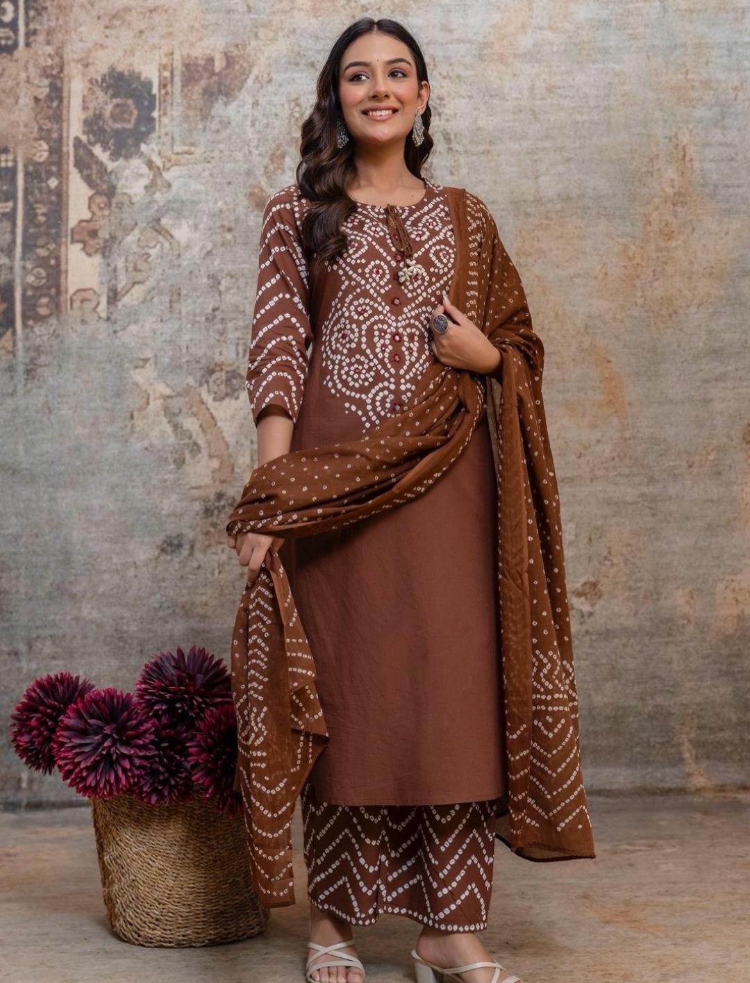 Women's Brown Bandhani printed kurta set