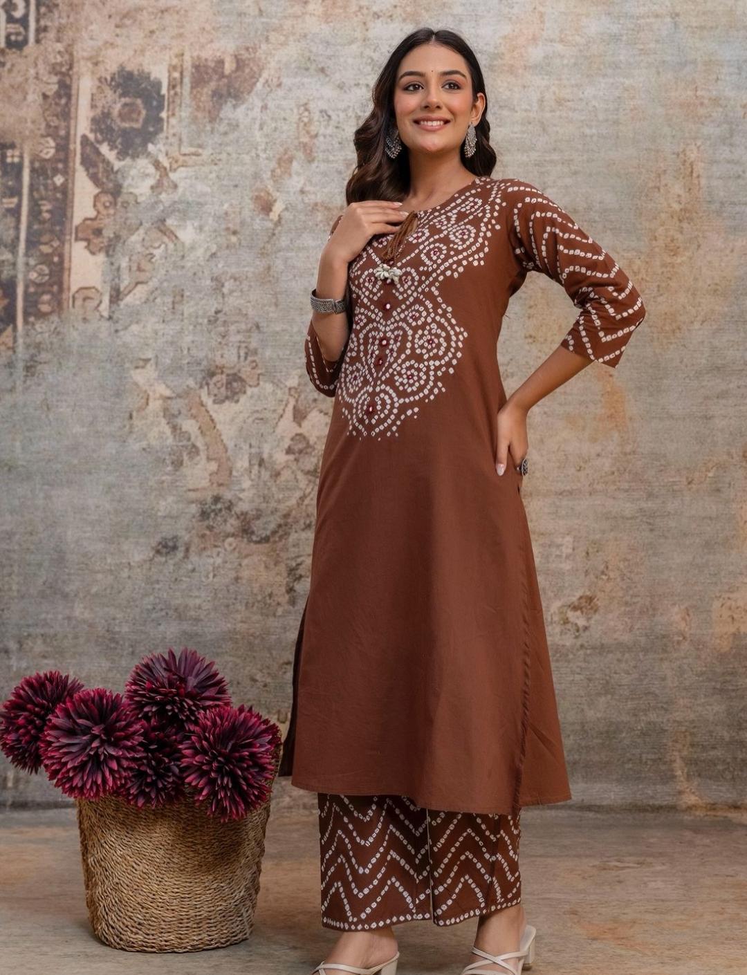 Women's Brown Bandhani printed kurta set