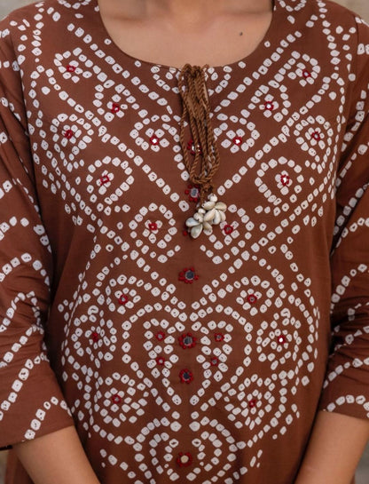 Women's Brown Bandhani printed kurta set