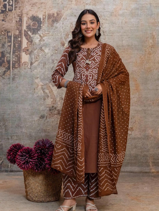 Women's Brown Bandhani printed kurta set