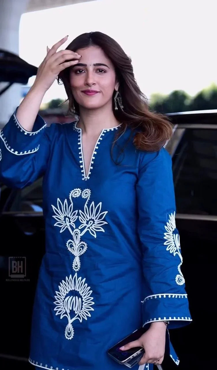 Royal Blue Floral Embroidered Co-Ord Kurta Set