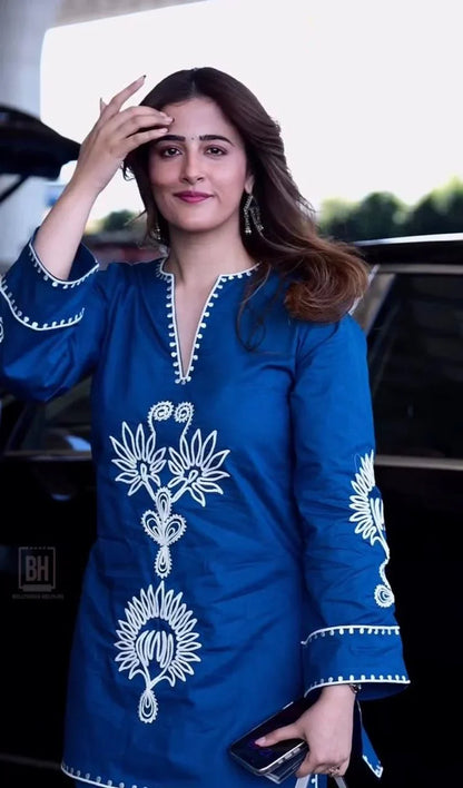 Royal Blue Floral Embroidered Co-Ord Kurta Set
