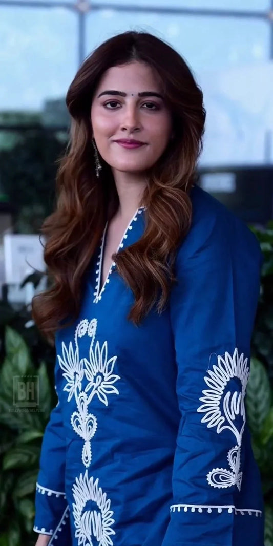 Royal Blue Floral Embroidered Co-Ord Kurta Set