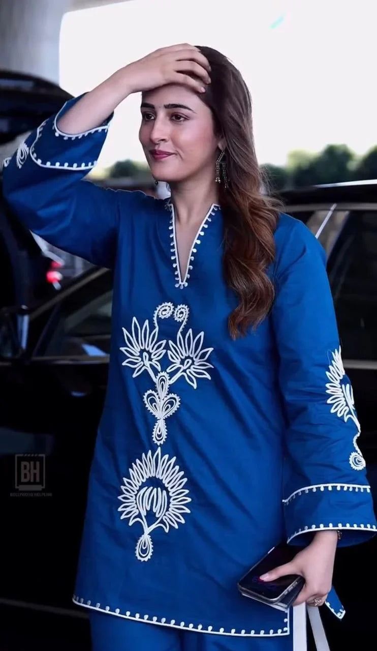 Royal Blue Floral Embroidered Co-Ord Kurta Set