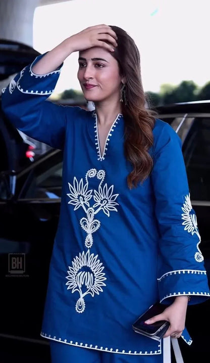 Royal Blue Floral Embroidered Co-Ord Kurta Set