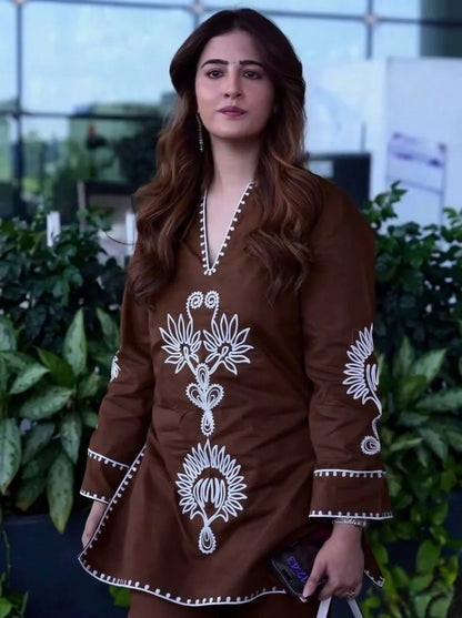 Brown Floral Embroidered Co-Ord Kurta Set