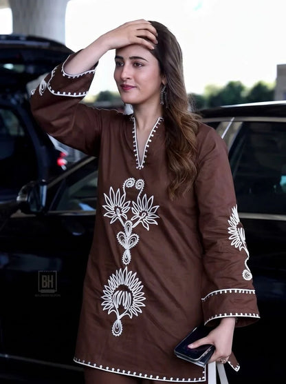 Brown Floral Embroidered Co-Ord Kurta Set