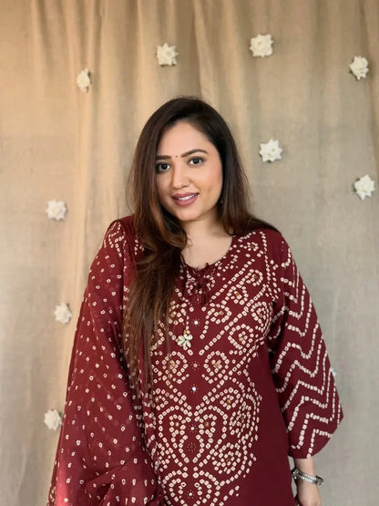 Maroon Bandhani Embroidery & Dupatta Set
