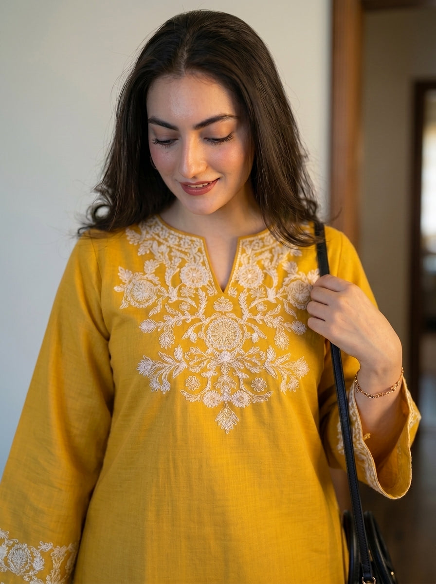 Yellow Cotton Embroidered Kurta Set with Palazzo Pants