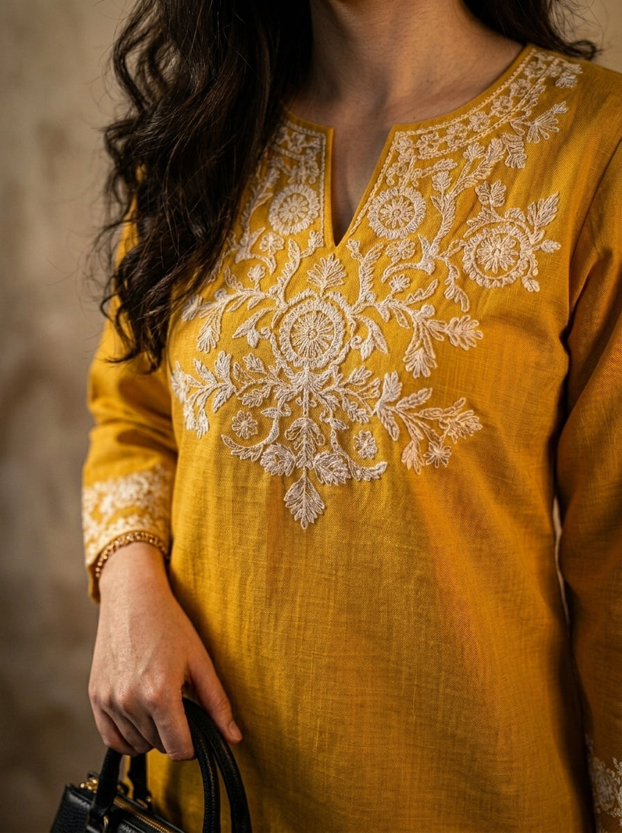 Yellow Cotton Embroidered Kurta Set with Palazzo Pants