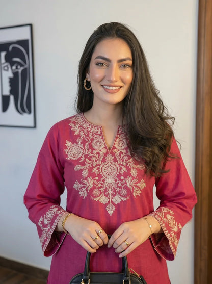 Pink Cotton Embroidered Kurta Set with Palazzo Pants