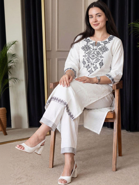 White Geometric Embroidered Kurta Pant Set for Women