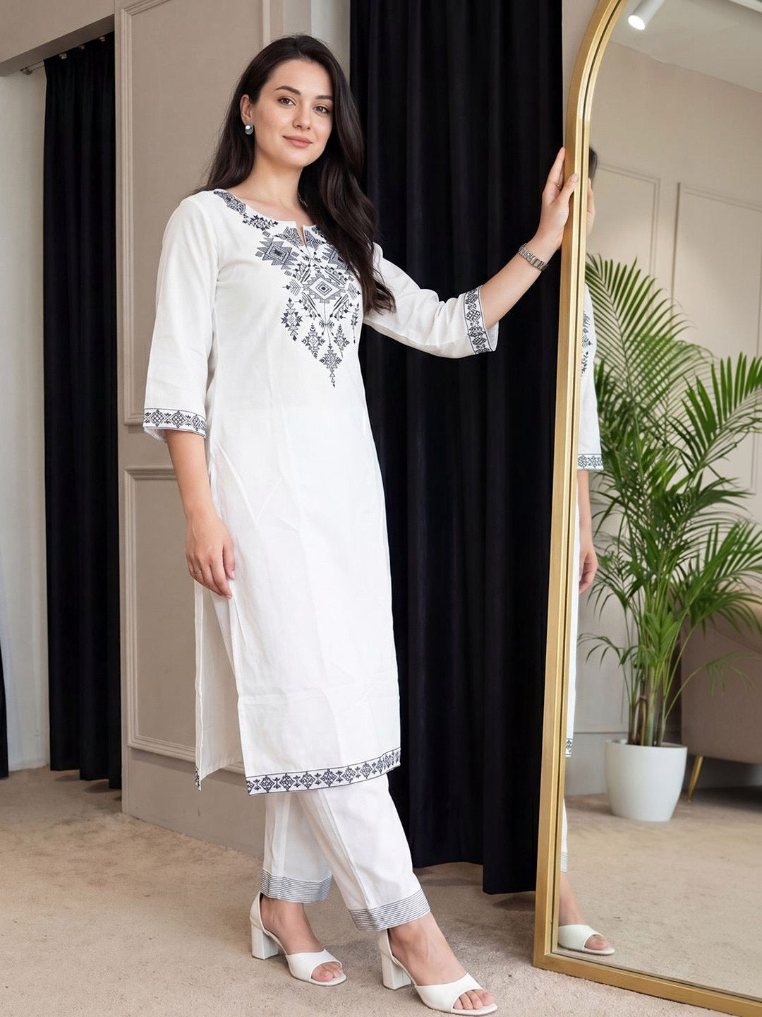 White Geometric Embroidered Kurta Pant Set for Women