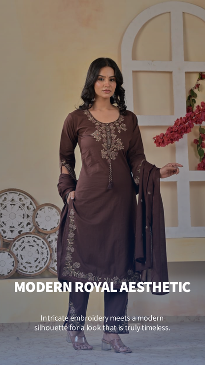 Premium Brown Embroidered cotton kurta set with dupatta