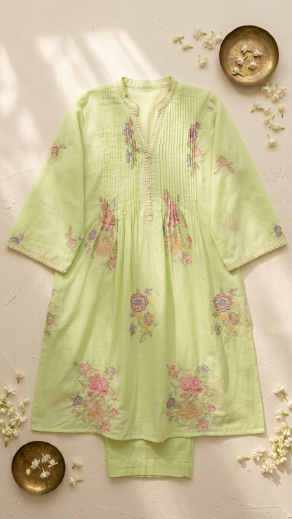 Pastel green cotton kurta set with pants
