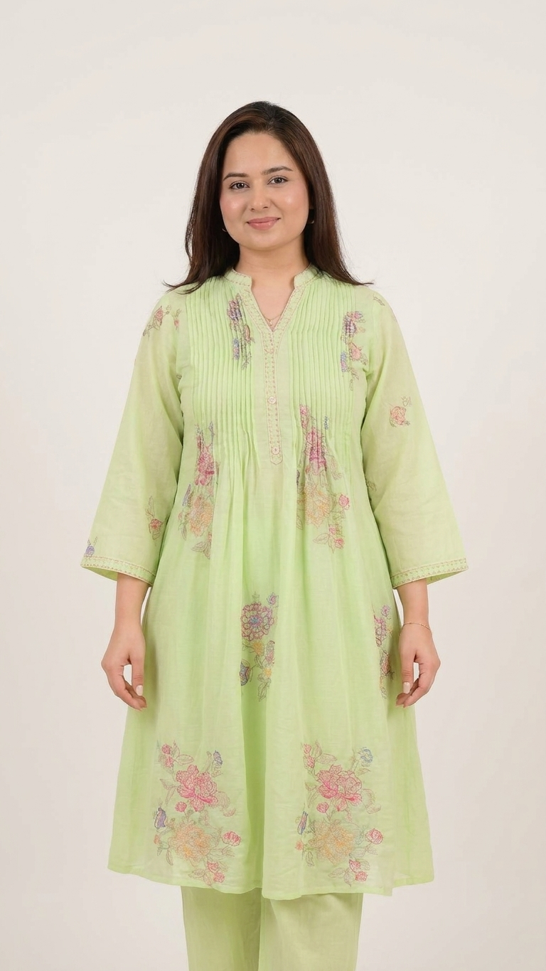 Pastel green cotton kurta set with pants