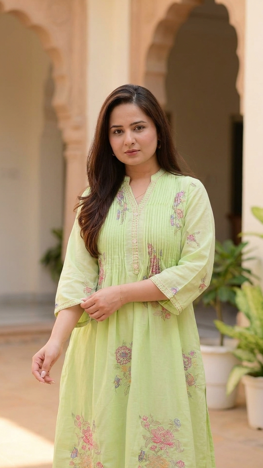 Pastel green cotton kurta set with pants