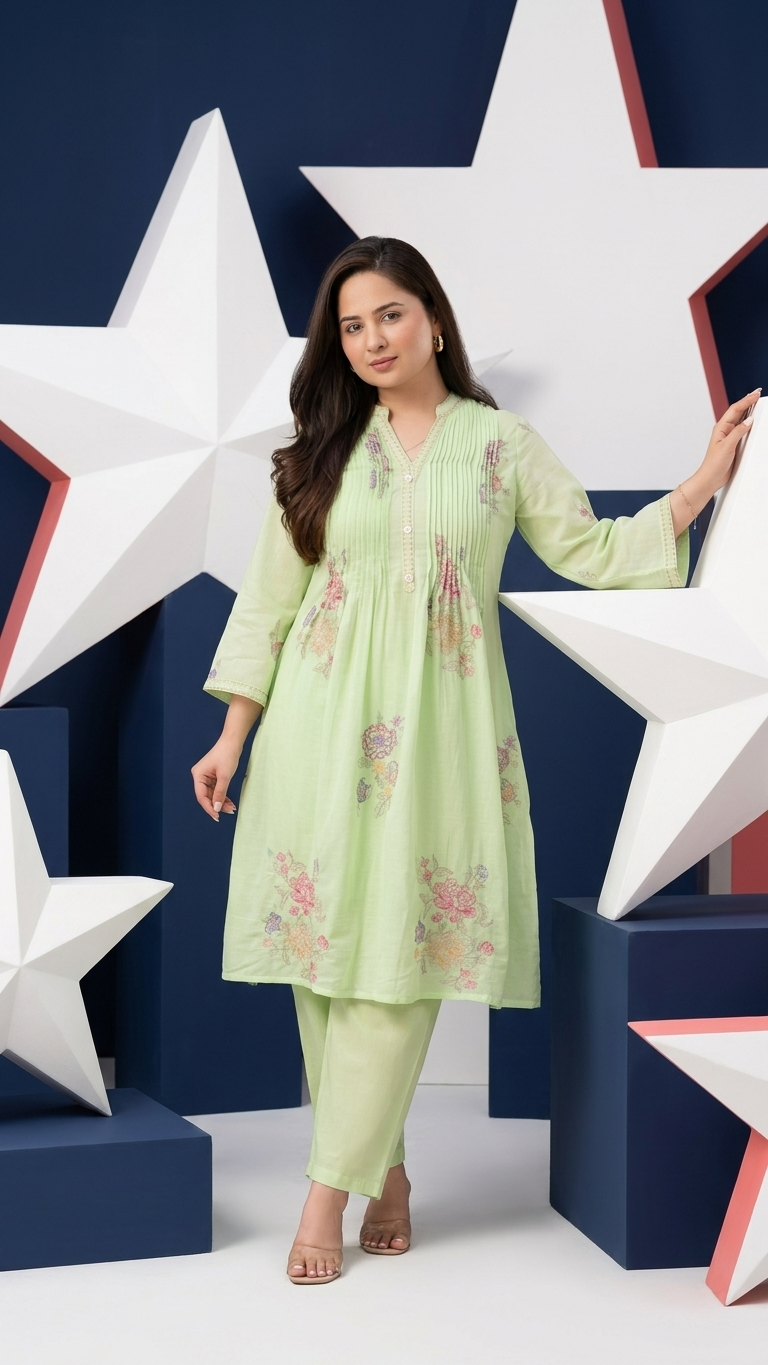 Pastel green cotton kurta set with pants