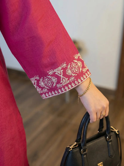 Pink Cotton Embroidered Kurta Set with Palazzo Pants